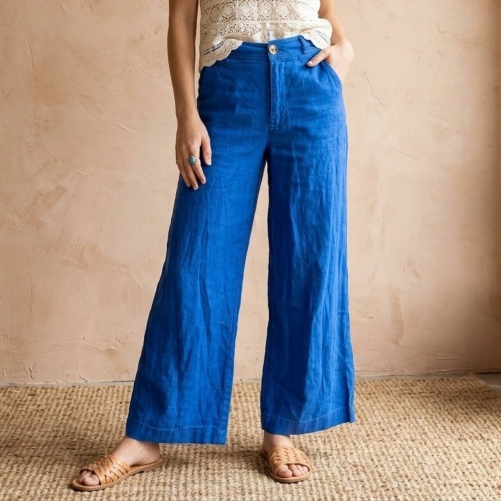 Anthropologie Maeve Womens Pants 26 Blue Wide Leg High Rise Linen Blend Coastal